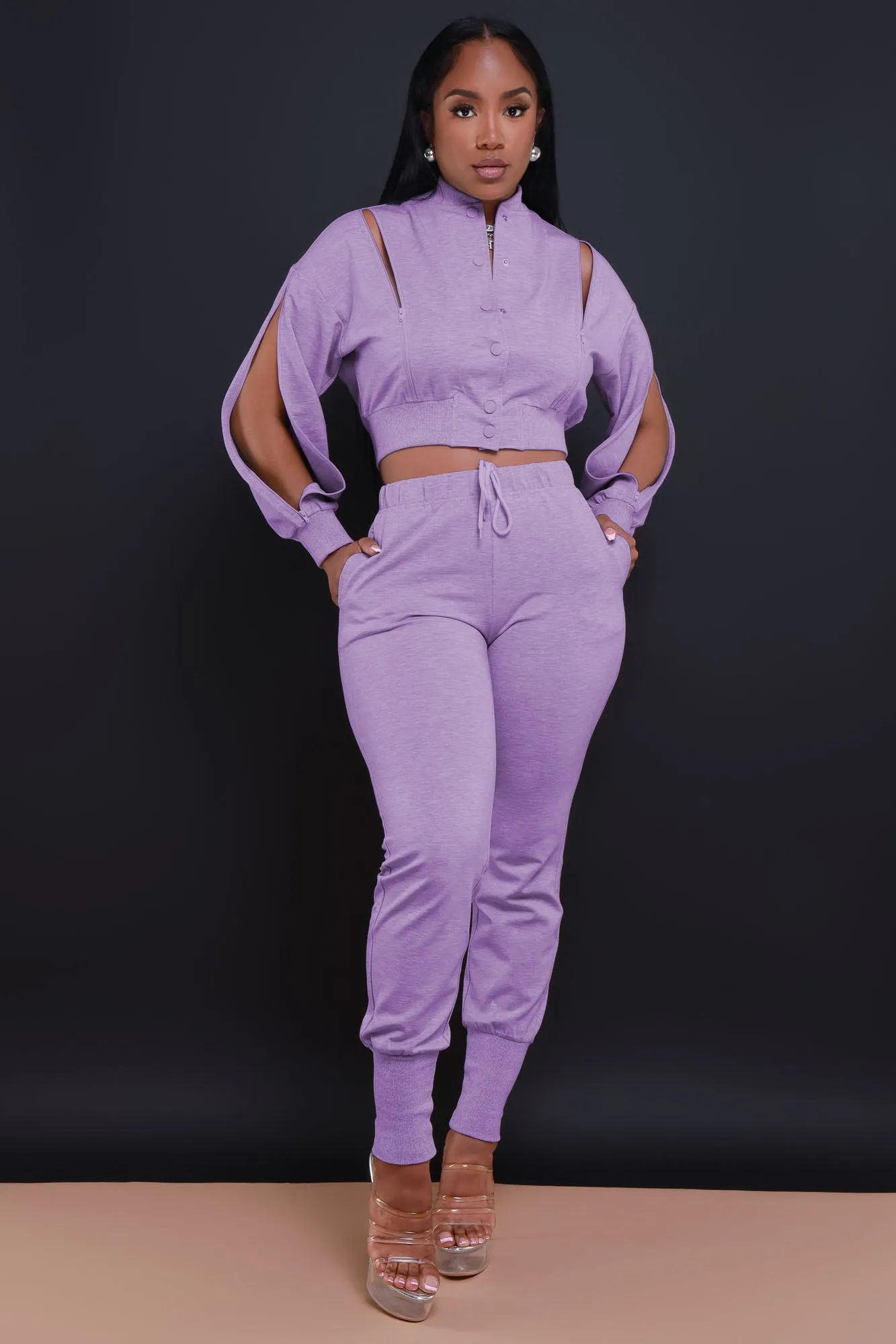 Top Priority Zippered Cropped Jogger Set - Lavender