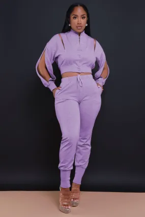 Top Priority Zippered Cropped Jogger Set - Lavender