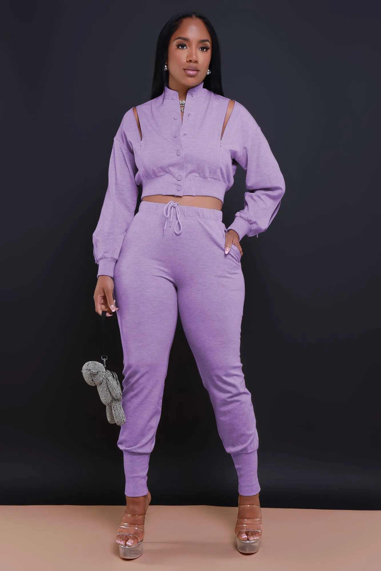 Top Priority Zippered Cropped Jogger Set - Lavender