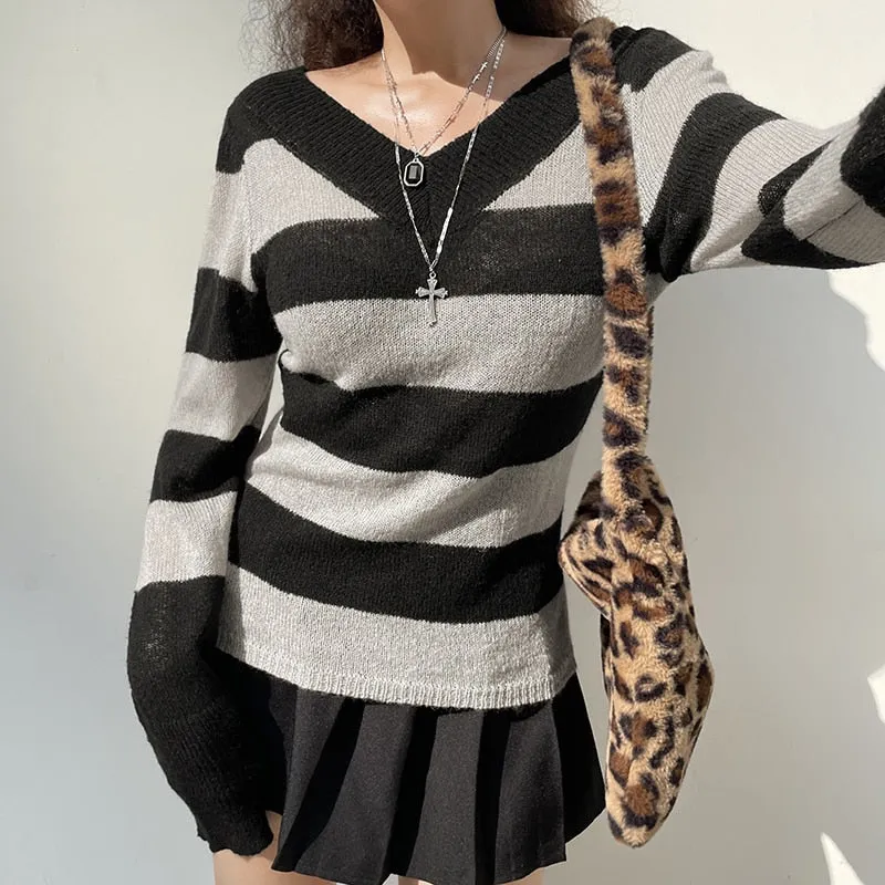 V Neck Stripe Long Sleeve Knitted Sweater Tops Casual Basic Vintage Autumn Pullover Top