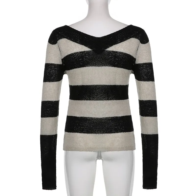 V Neck Stripe Long Sleeve Knitted Sweater Tops Casual Basic Vintage Autumn Pullover Top