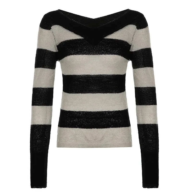 V Neck Stripe Long Sleeve Knitted Sweater Tops Casual Basic Vintage Autumn Pullover Top