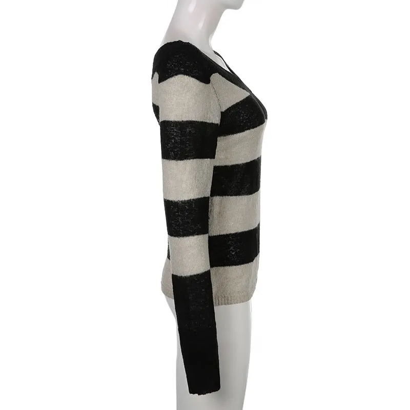V Neck Stripe Long Sleeve Knitted Sweater Tops Casual Basic Vintage Autumn Pullover Top