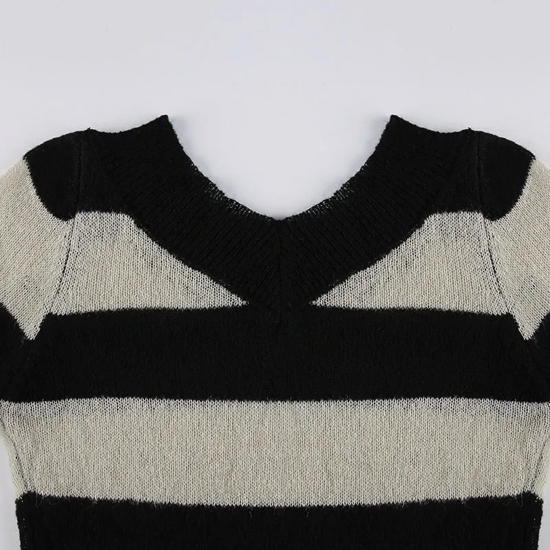 V Neck Stripe Long Sleeve Knitted Sweater Tops Casual Basic Vintage Autumn Pullover Top