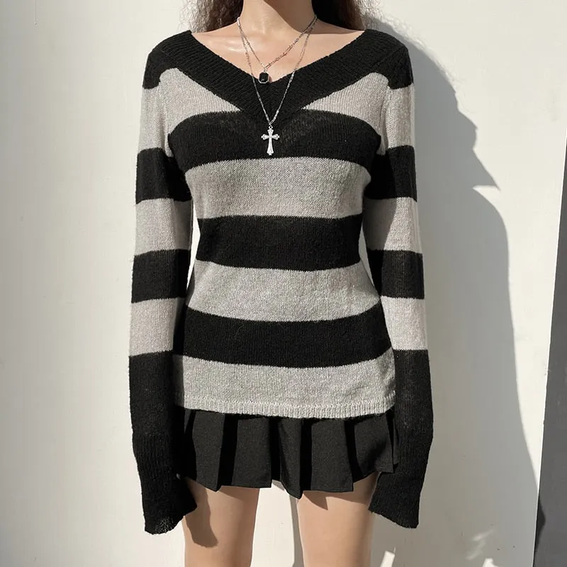 V Neck Stripe Long Sleeve Knitted Sweater Tops Casual Basic Vintage Autumn Pullover Top