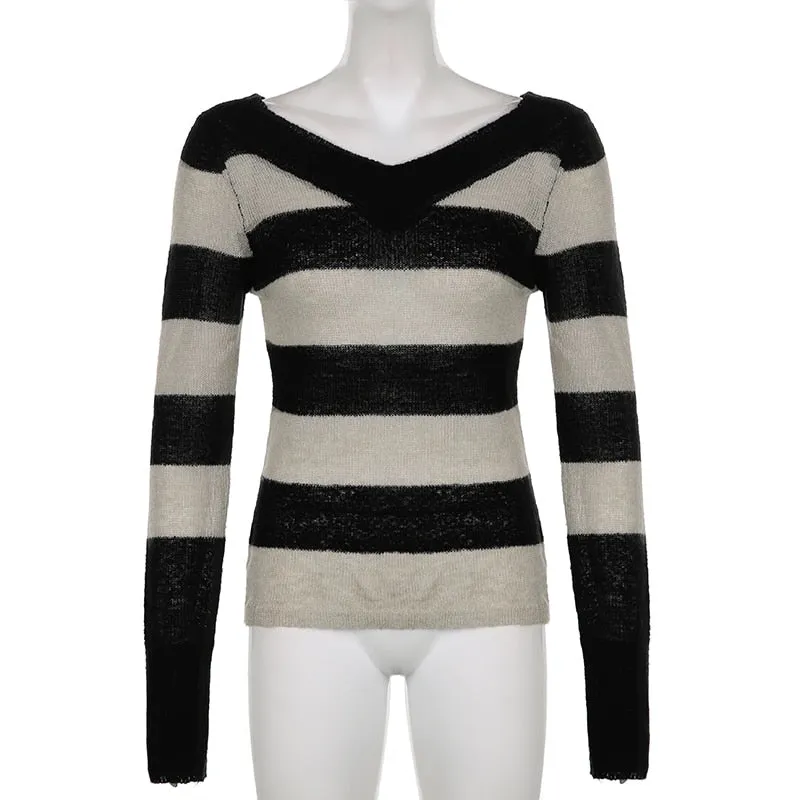 V Neck Stripe Long Sleeve Knitted Sweater Tops Casual Basic Vintage Autumn Pullover Top