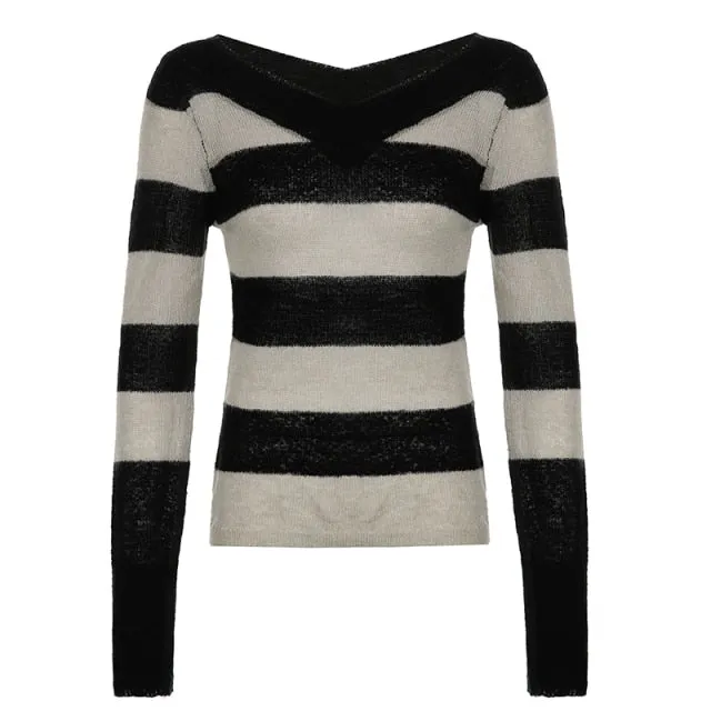 V Neck Stripe Long Sleeve Knitted Sweater Tops Casual Basic Vintage Autumn Pullover Top