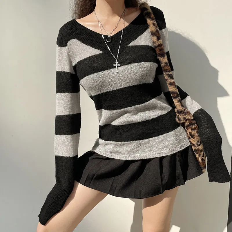 V Neck Stripe Long Sleeve Knitted Sweater Tops Casual Basic Vintage Autumn Pullover Top