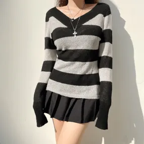 V Neck Stripe Long Sleeve Knitted Sweater Tops Casual Basic Vintage Autumn Pullover Top