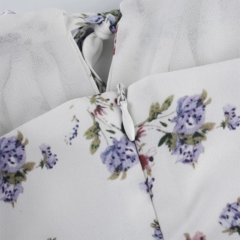 White Floral Bandage Ruched Office Puff  Sleeve High Street A line Summer Casual Mini Dress