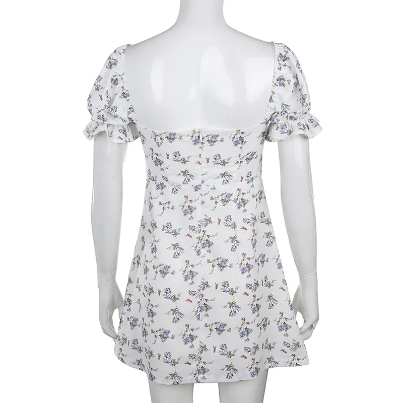 White Floral Bandage Ruched Office Puff  Sleeve High Street A line Summer Casual Mini Dress