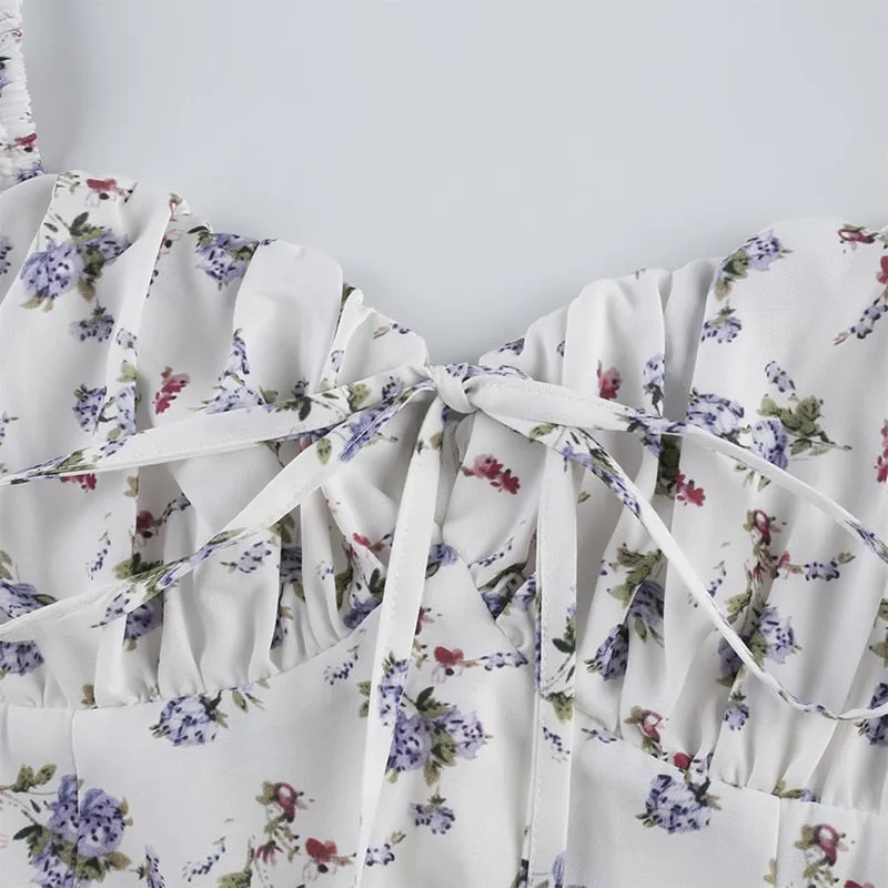 White Floral Bandage Ruched Office Puff  Sleeve High Street A line Summer Casual Mini Dress
