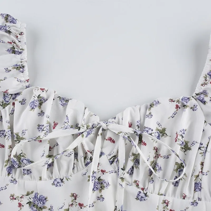 White Floral Bandage Ruched Office Puff  Sleeve High Street A line Summer Casual Mini Dress