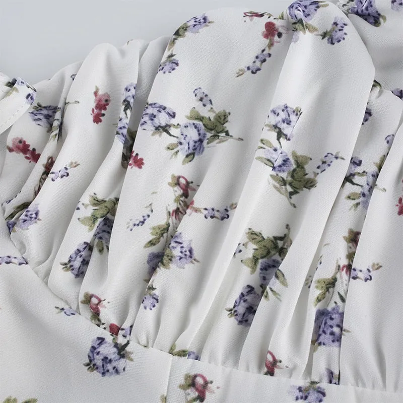 White Floral Bandage Ruched Office Puff  Sleeve High Street A line Summer Casual Mini Dress