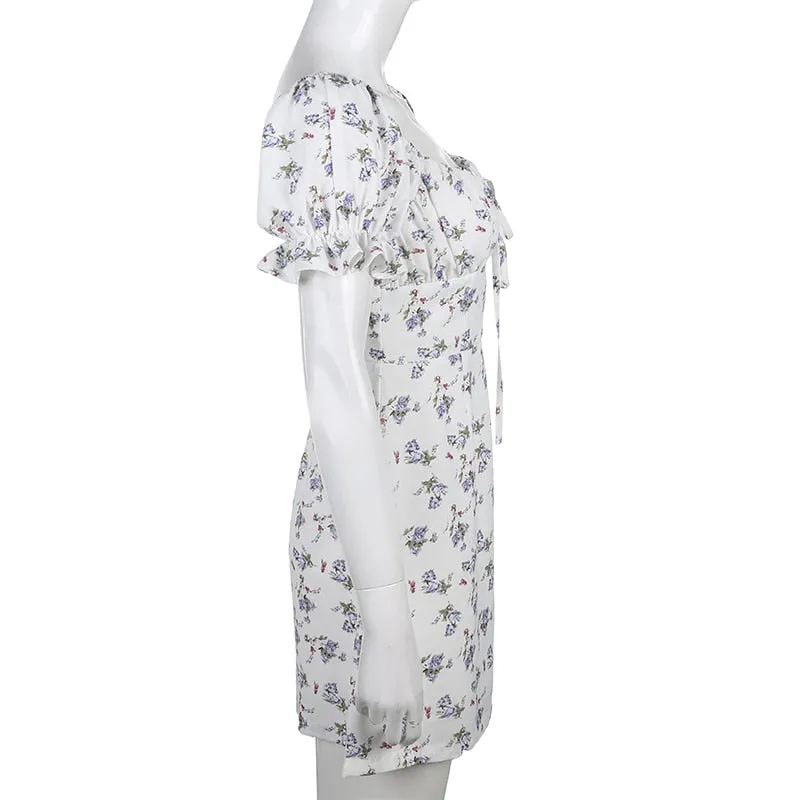 White Floral Bandage Ruched Office Puff  Sleeve High Street A line Summer Casual Mini Dress
