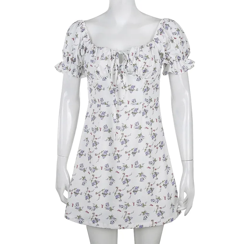 White Floral Bandage Ruched Office Puff  Sleeve High Street A line Summer Casual Mini Dress