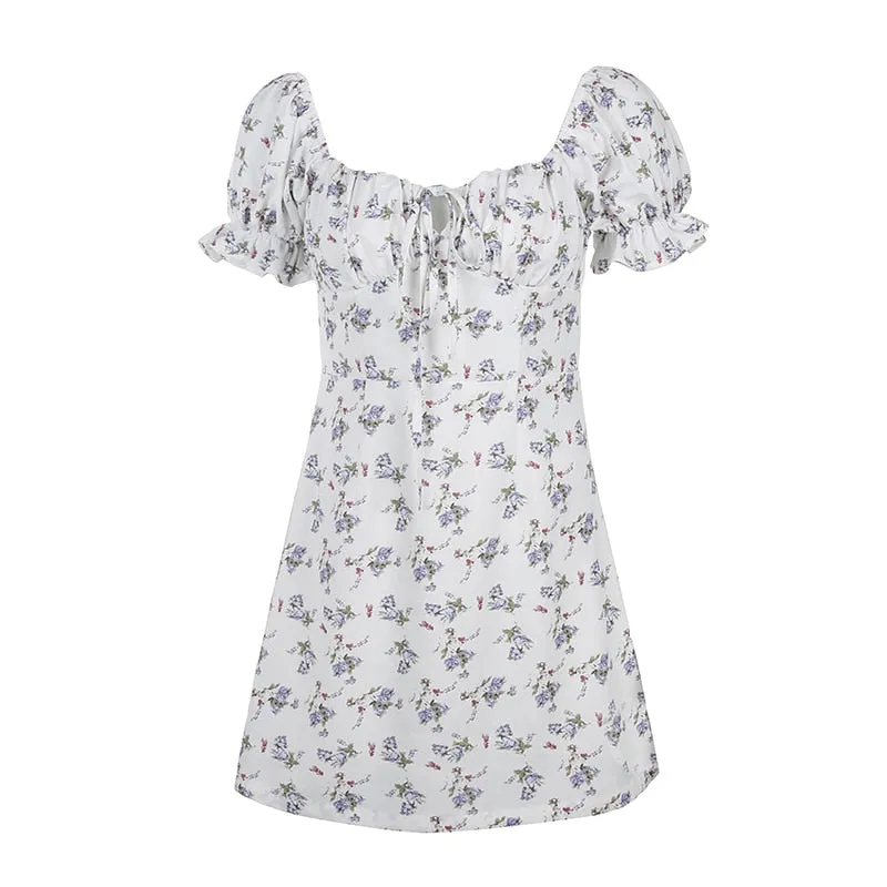 White Floral Bandage Ruched Office Puff  Sleeve High Street A line Summer Casual Mini Dress