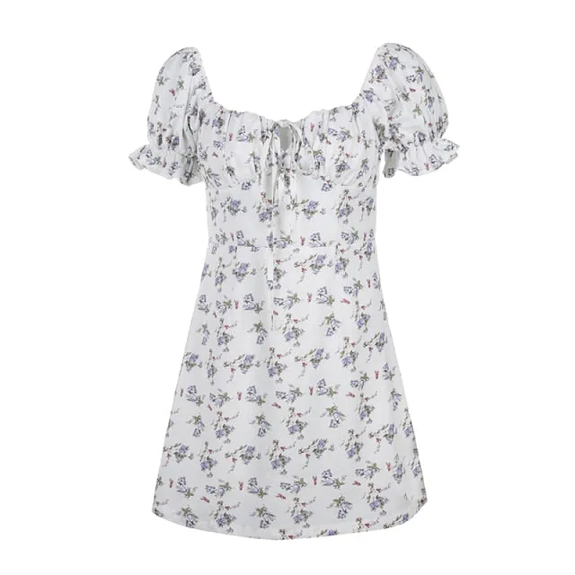 White Floral Bandage Ruched Office Puff  Sleeve High Street A line Summer Casual Mini Dress