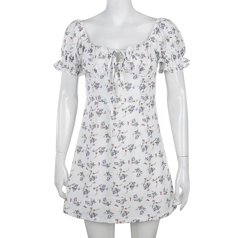 White Floral Bandage Ruched Office Puff  Sleeve High Street A line Summer Casual Mini Dress