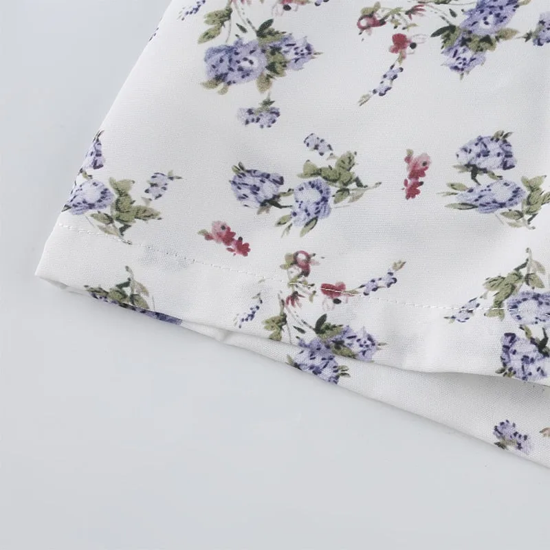 White Floral Bandage Ruched Office Puff  Sleeve High Street A line Summer Casual Mini Dress