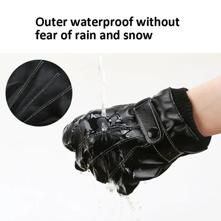 Winter Men PU Leather Touch Screen Plush Lining Warm Cycling Gloves, Size: Free Size(Black)