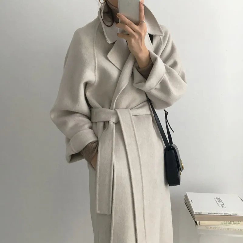 Wjczt Women Elegant Long Wool Coat With Belt Solid Color Long Sleeve Chic Outerwear Ladies Drop Shoulder Overcoat