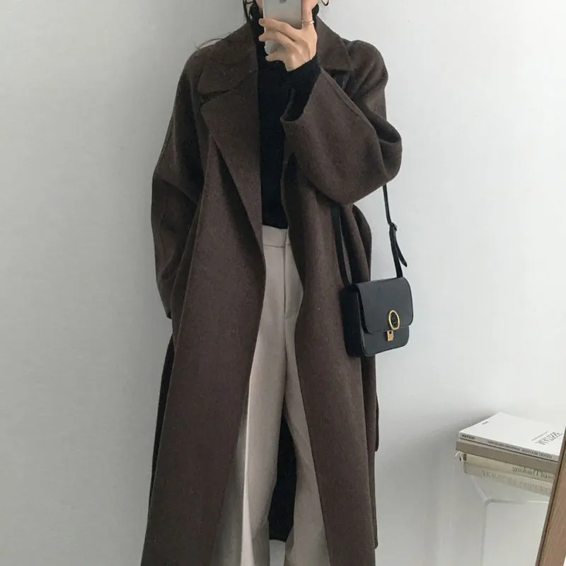 Wjczt Women Elegant Long Wool Coat With Belt Solid Color Long Sleeve Chic Outerwear Ladies Drop Shoulder Overcoat