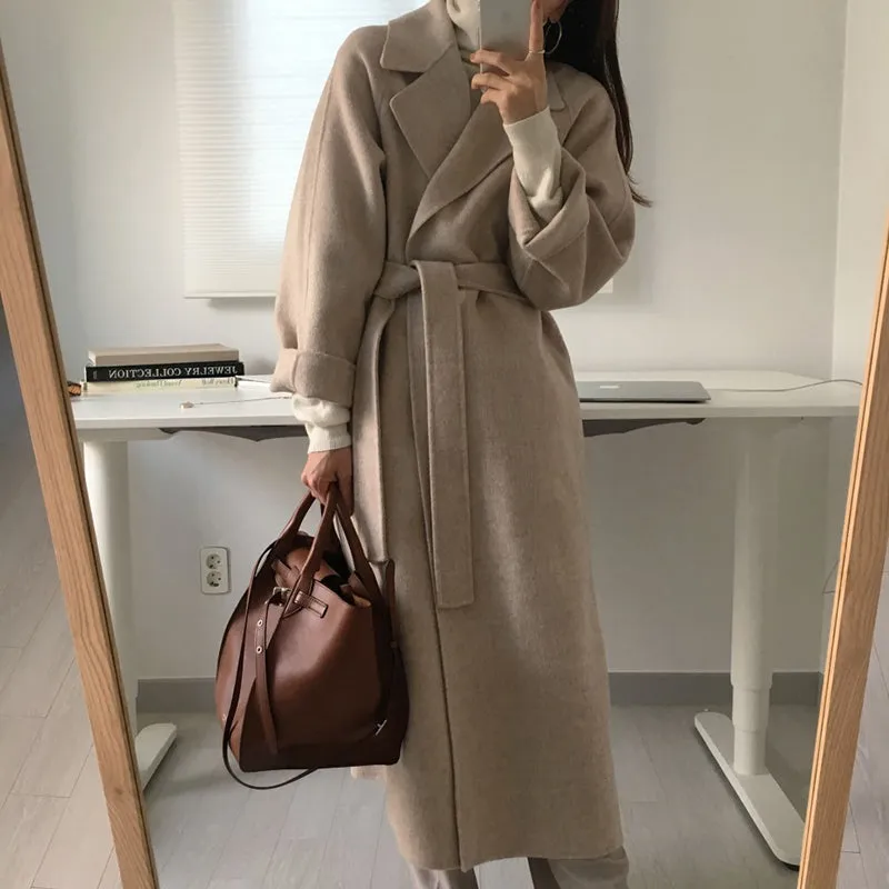 Wjczt Women Elegant Long Wool Coat With Belt Solid Color Long Sleeve Chic Outerwear Ladies Drop Shoulder Overcoat