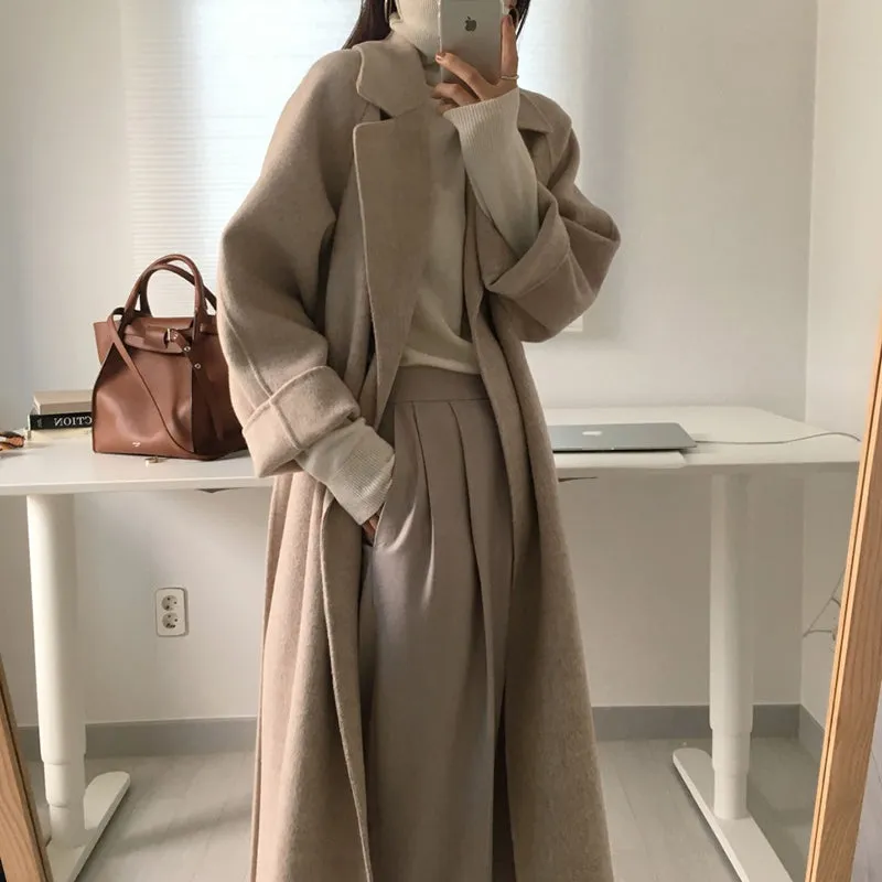Wjczt Women Elegant Long Wool Coat With Belt Solid Color Long Sleeve Chic Outerwear Ladies Drop Shoulder Overcoat