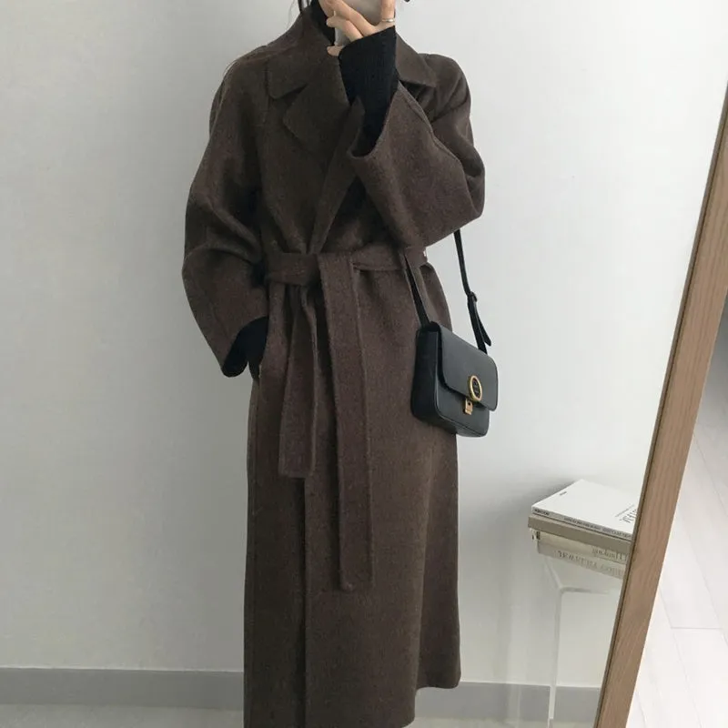 Wjczt Women Elegant Long Wool Coat With Belt Solid Color Long Sleeve Chic Outerwear Ladies Drop Shoulder Overcoat