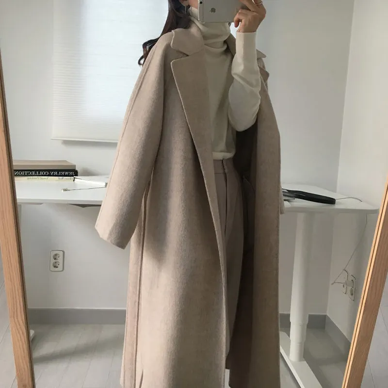 Wjczt Women Elegant Long Wool Coat With Belt Solid Color Long Sleeve Chic Outerwear Ladies Drop Shoulder Overcoat