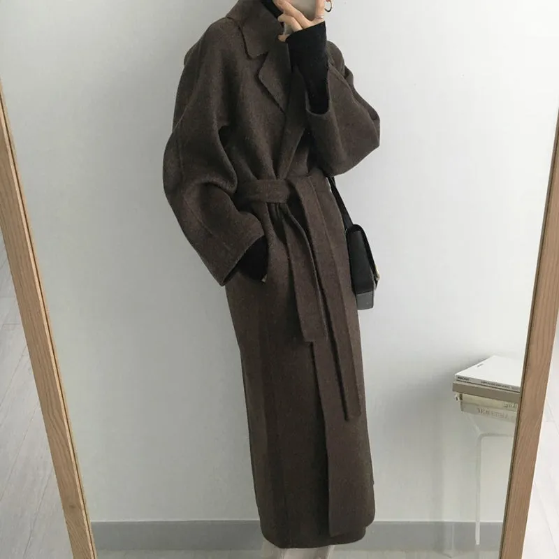 Wjczt Women Elegant Long Wool Coat With Belt Solid Color Long Sleeve Chic Outerwear Ladies Drop Shoulder Overcoat