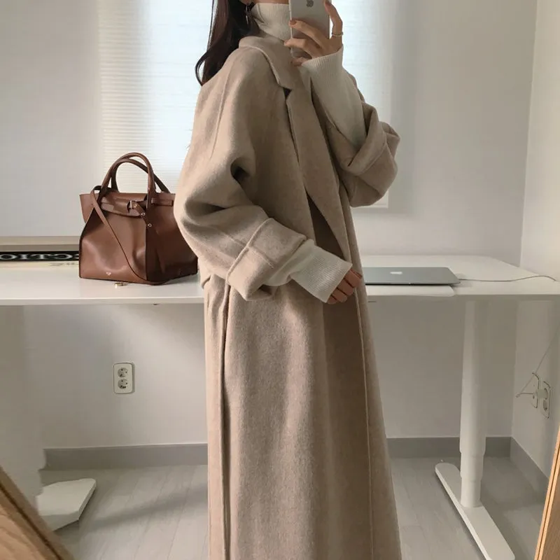 Wjczt Women Elegant Long Wool Coat With Belt Solid Color Long Sleeve Chic Outerwear Ladies Drop Shoulder Overcoat
