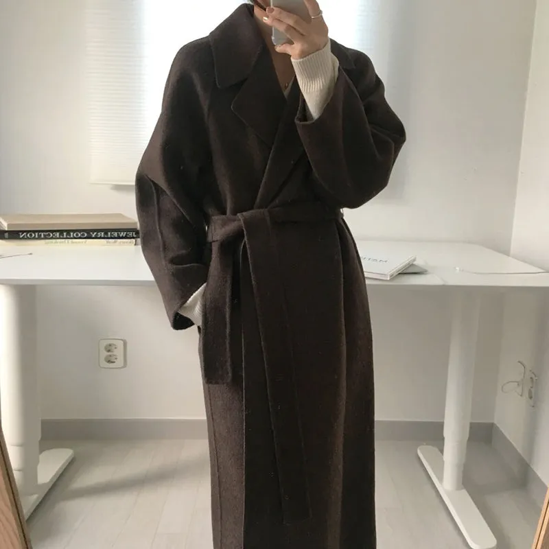Wjczt Women Elegant Long Wool Coat With Belt Solid Color Long Sleeve Chic Outerwear Ladies Drop Shoulder Overcoat