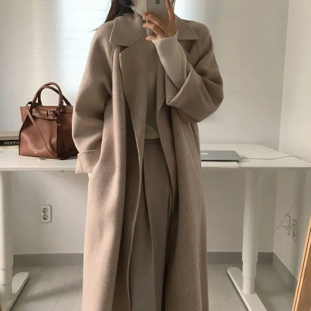 Wjczt Women Elegant Long Wool Coat With Belt Solid Color Long Sleeve Chic Outerwear Ladies Drop Shoulder Overcoat