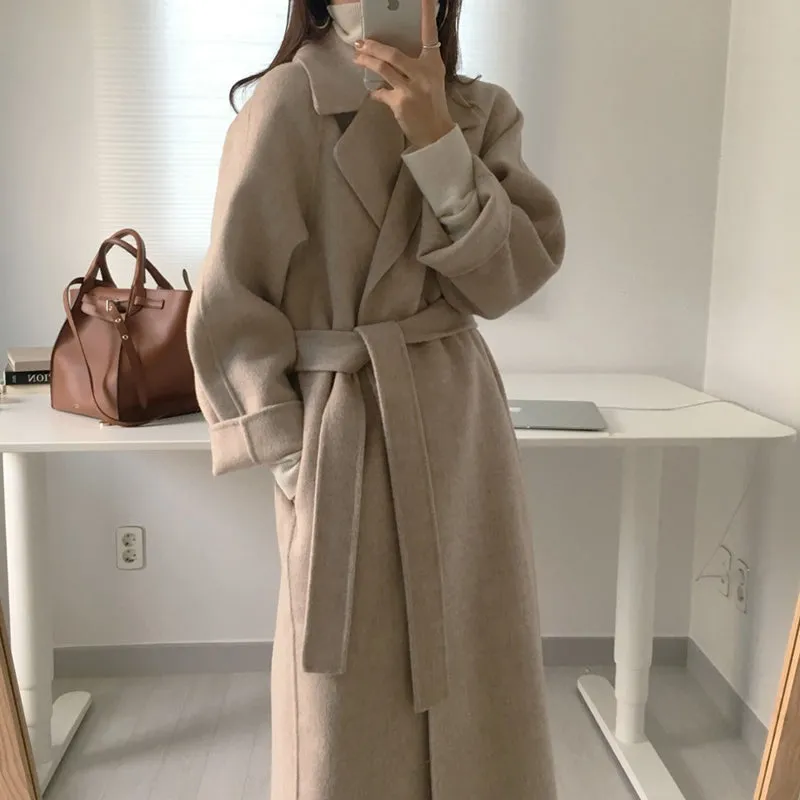 Wjczt Women Elegant Long Wool Coat With Belt Solid Color Long Sleeve Chic Outerwear Ladies Drop Shoulder Overcoat