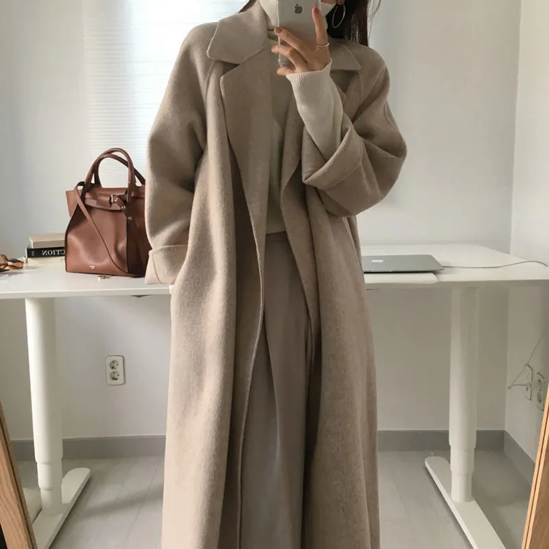 Wjczt Women Elegant Long Wool Coat With Belt Solid Color Long Sleeve Chic Outerwear Ladies Drop Shoulder Overcoat