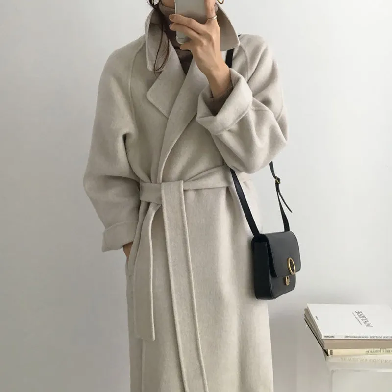 Wjczt Women Elegant Long Wool Coat With Belt Solid Color Long Sleeve Chic Outerwear Ladies Drop Shoulder Overcoat