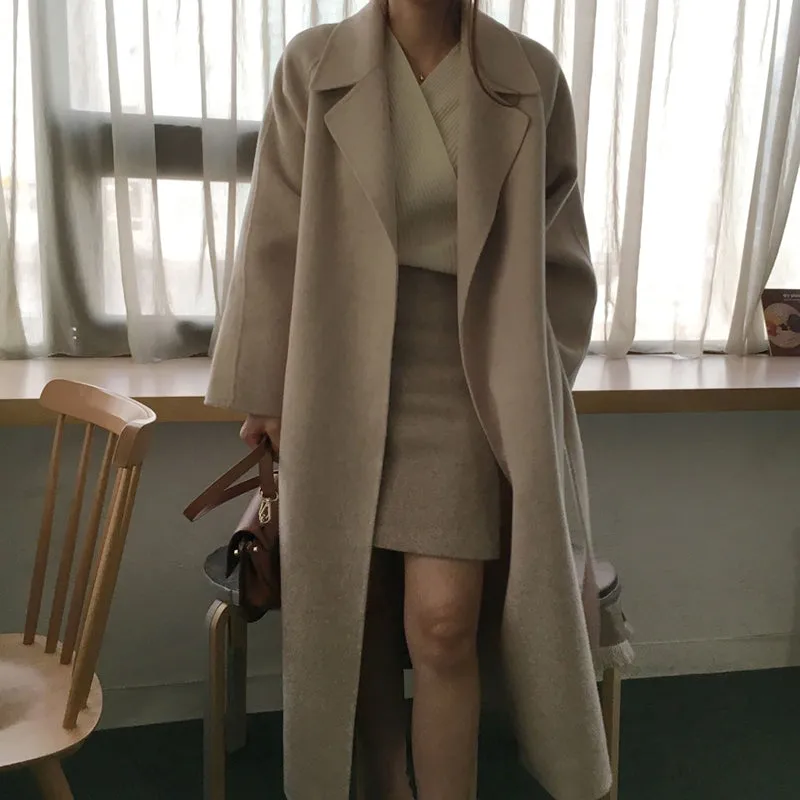 Wjczt Women Elegant Long Wool Coat With Belt Solid Color Long Sleeve Chic Outerwear Ladies Drop Shoulder Overcoat