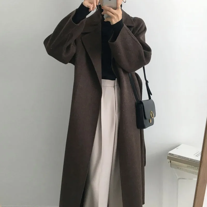 Wjczt Women Elegant Long Wool Coat With Belt Solid Color Long Sleeve Chic Outerwear Ladies Drop Shoulder Overcoat
