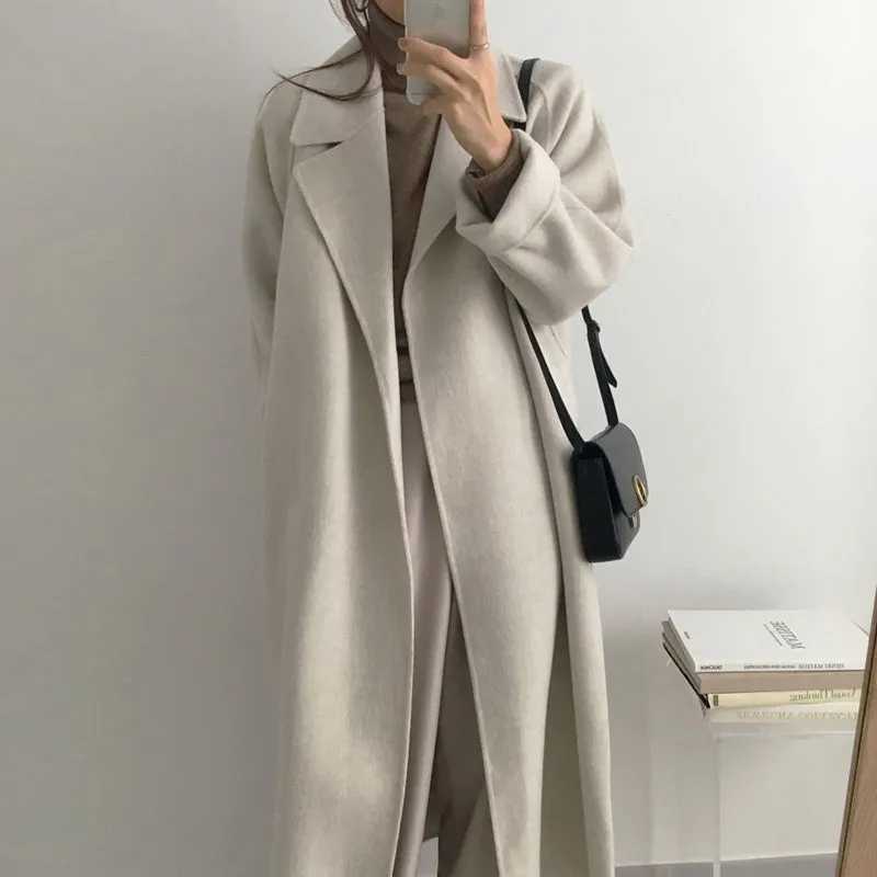 Wjczt Women Elegant Long Wool Coat With Belt Solid Color Long Sleeve Chic Outerwear Ladies Drop Shoulder Overcoat