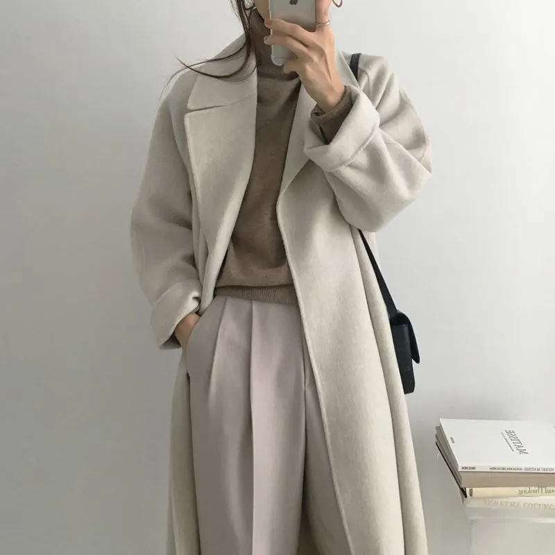 Wjczt Women Elegant Long Wool Coat With Belt Solid Color Long Sleeve Chic Outerwear Ladies Drop Shoulder Overcoat