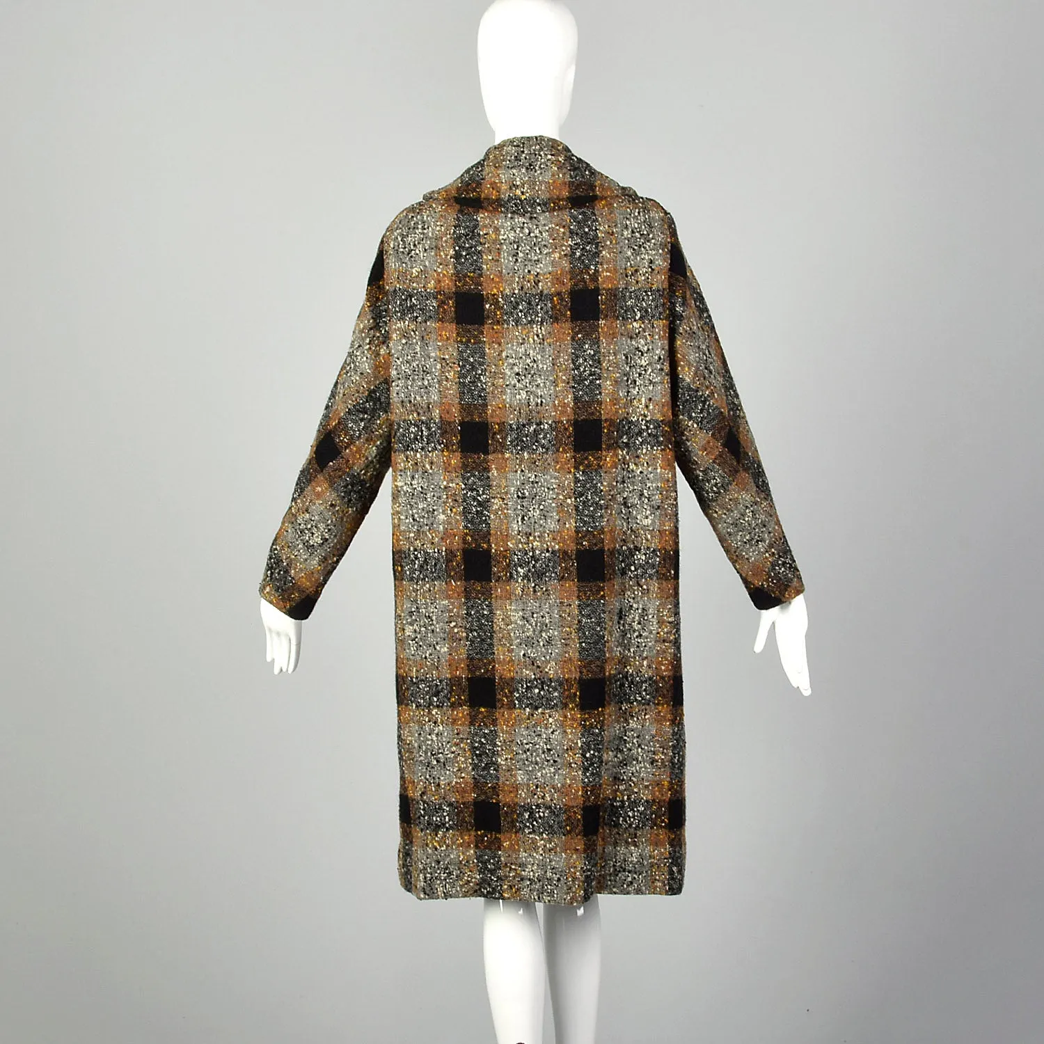 XL 1950s Coat Black Brown Flecked Tweed Overcoat Plaid Winter Wool Plush Lined Outerwear