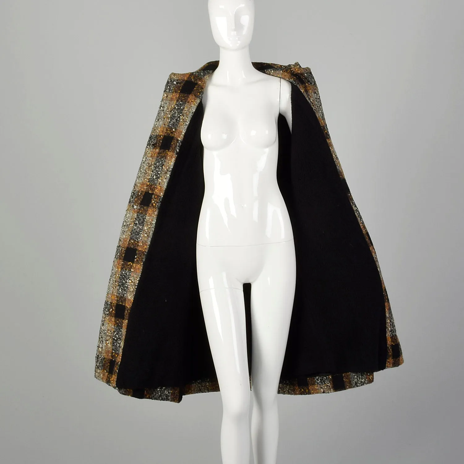 XL 1950s Coat Black Brown Flecked Tweed Overcoat Plaid Winter Wool Plush Lined Outerwear