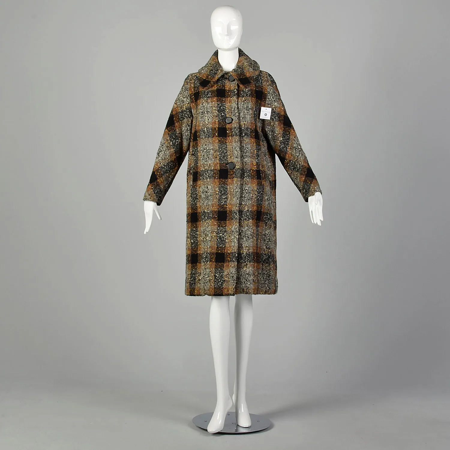 XL 1950s Coat Black Brown Flecked Tweed Overcoat Plaid Winter Wool Plush Lined Outerwear