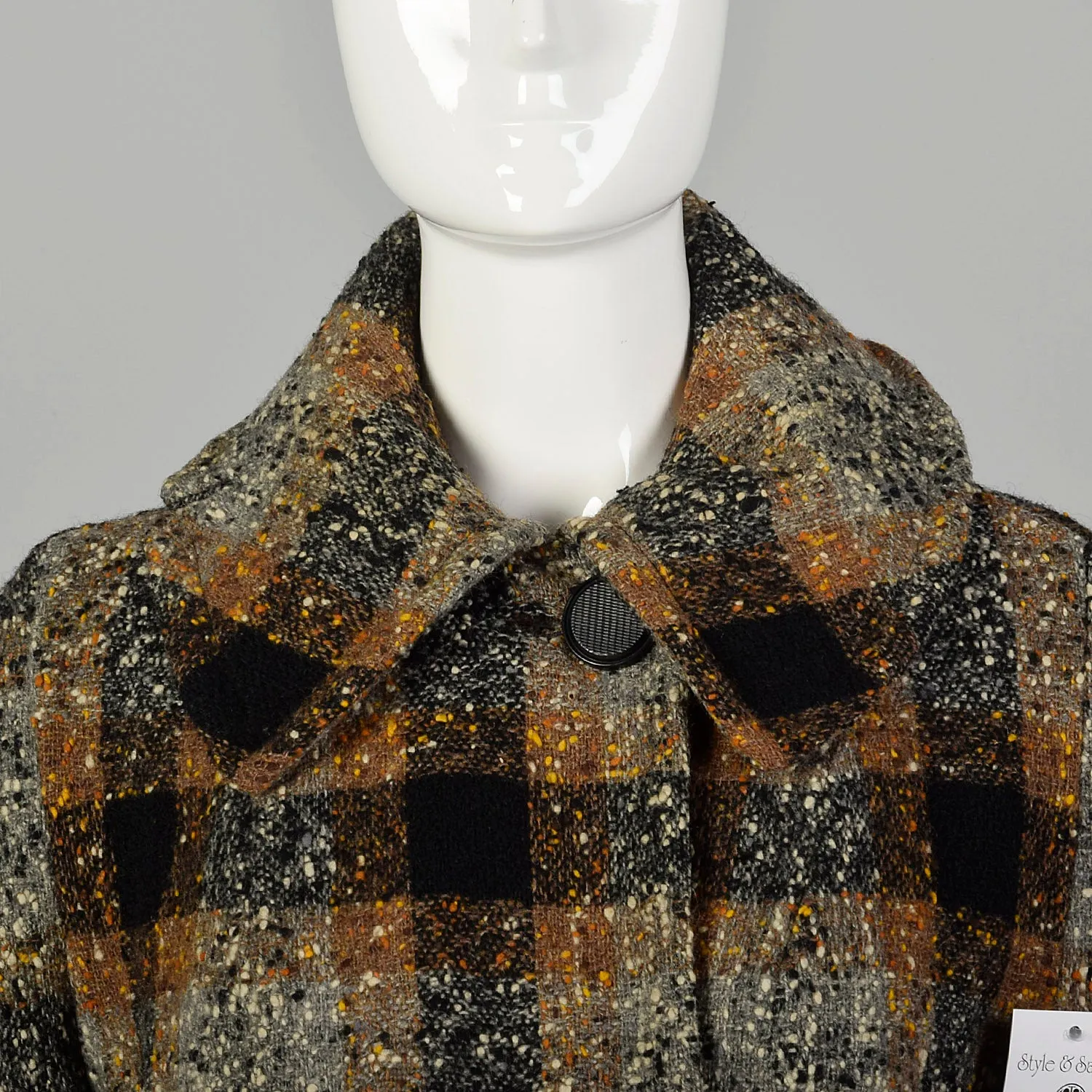 XL 1950s Coat Black Brown Flecked Tweed Overcoat Plaid Winter Wool Plush Lined Outerwear